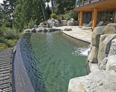 Infinity style swimming pool with natural rocks