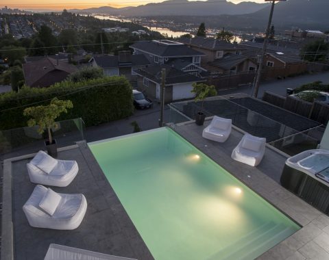 Arial shot of the infinity pool in the night time