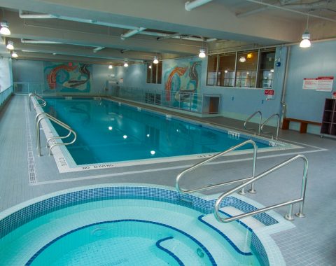 75 foot commercial pool with built in hot tub