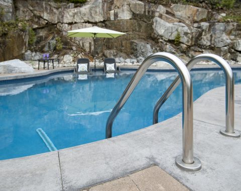 Freeform swimming pool with metal steps