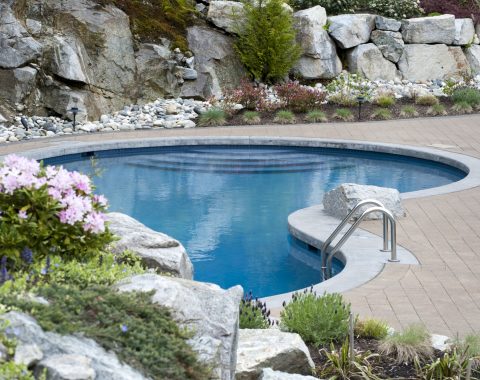 Freeform swimming pool with two sets of stairs