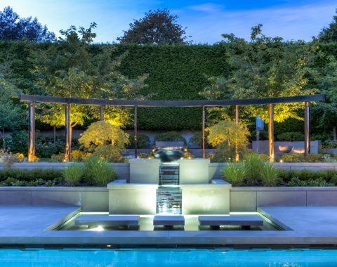 Water feature shown with lights.