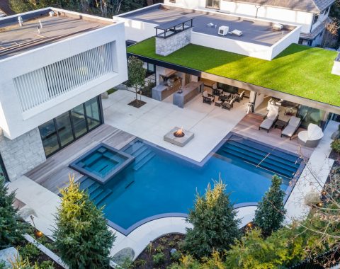 Large uniquely shaped swimming pool with a flood edge design and a rich blue plaster finish.