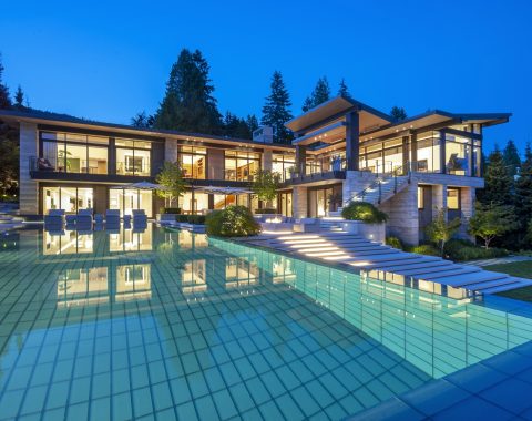 View of the reflecting pool looking back at the house