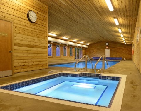 Commercial pool contractors have created an indoor wooden cabin feel pool
