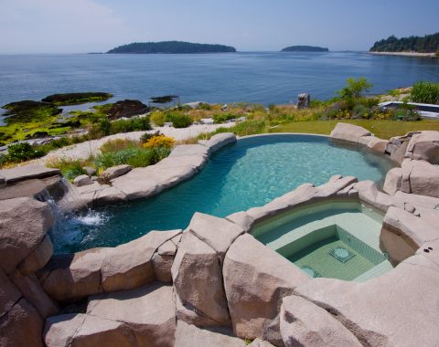 Natural swimming pool built into the side of a hill surrounded by customized rocks