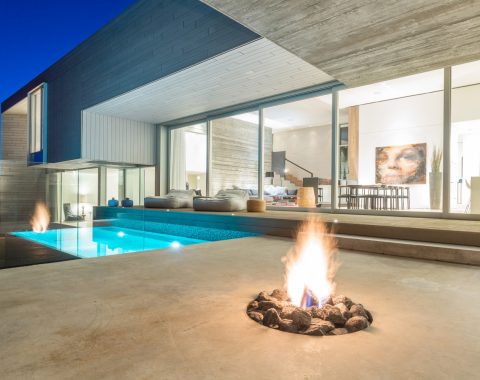 Luxury pool with built in fire pit in Burnaby, Vancouver and British Columbia