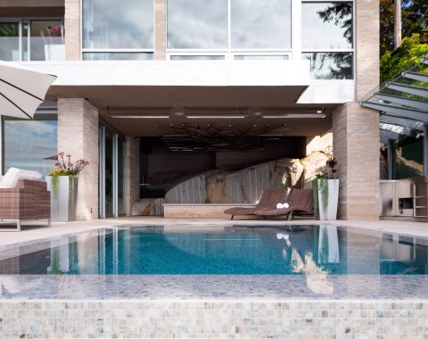 Close up of grey mosaic glass tile.