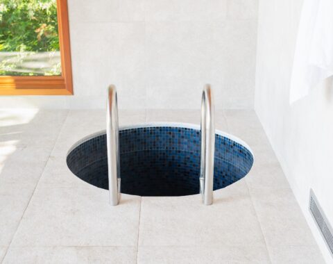 Therapy cold plunge pool located in a wellness cabin of a private residence and designed for optimal healing.