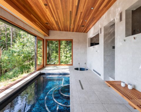 Indoor aquatic therapy pool with soothing ambiance, including a cold plunge pool and spacious hot pool.