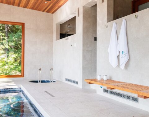 Aquatic therapy pools with soothing ambiance, including a cold plunge pool, for optimal healing and relaxation.