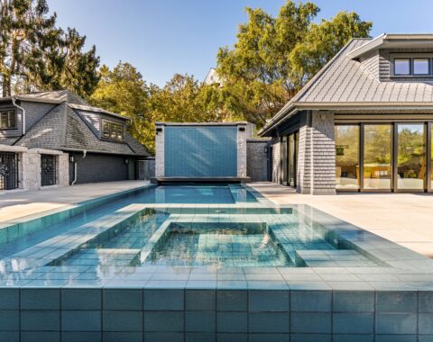 A serene hot tub and swimming pool surrounded by lush natural landscape, featuring sparkling clear water.