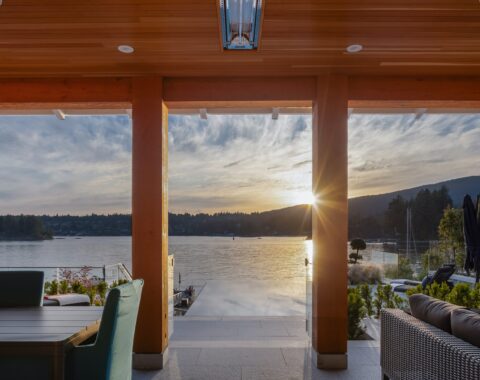 Inside view of a pool at sunset with endless views.
