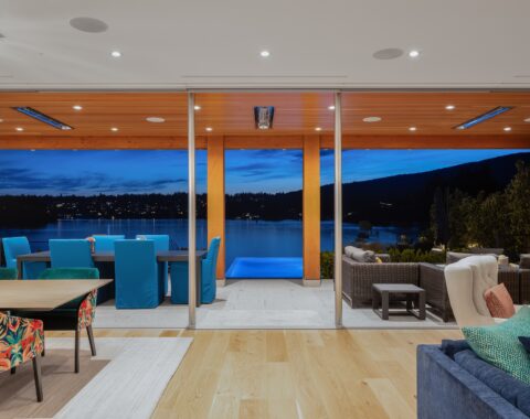 Inside view of a pool area with scenic landscape in the evening ambiance.