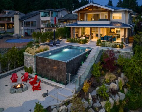 Pool with scenic landscape in the evening ambiance.