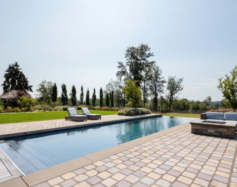 A lively and tranquil backyard oasis featuring a custom-designed lap pool for fitness, fun and relaxation.