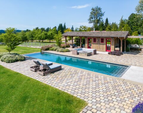 Backyard oasis with a fitness-focused pool for aquatic exercise and relaxation.