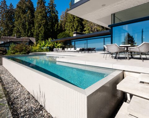 Relaxing at the poolside of a luxury pool with Baja shelf, minimalist design, and neutral tones.