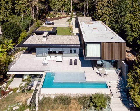 Premium pool with Baja shelf, modern minimalist style, and neutral tones for sophisticated outdoor living.