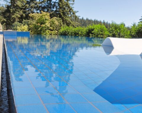 Side view of a custom outdoor swimspace in an all tile finish with a scenic water view